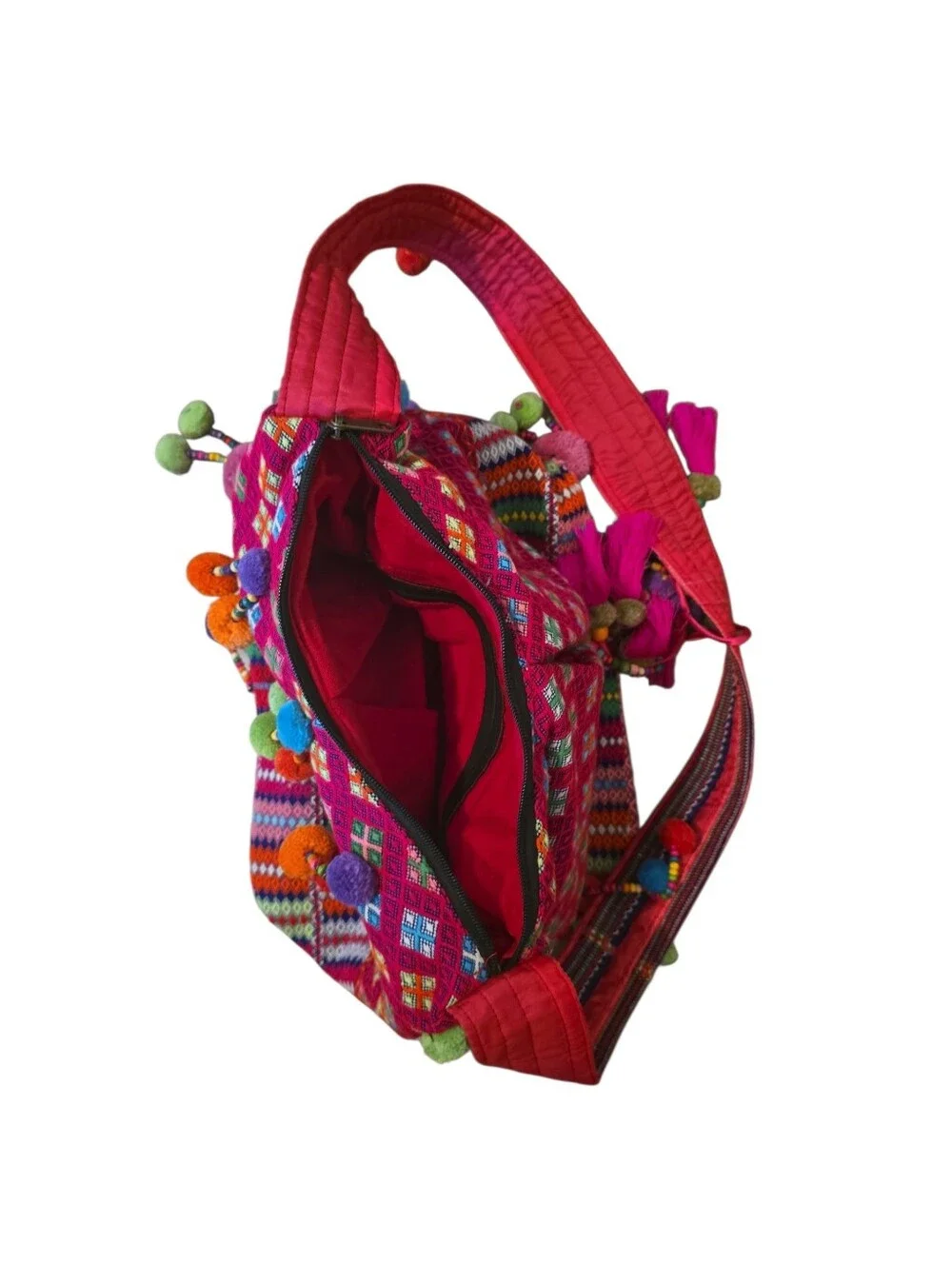Colorful, handcrafted bohemian shoulder bag with traditional woven details
